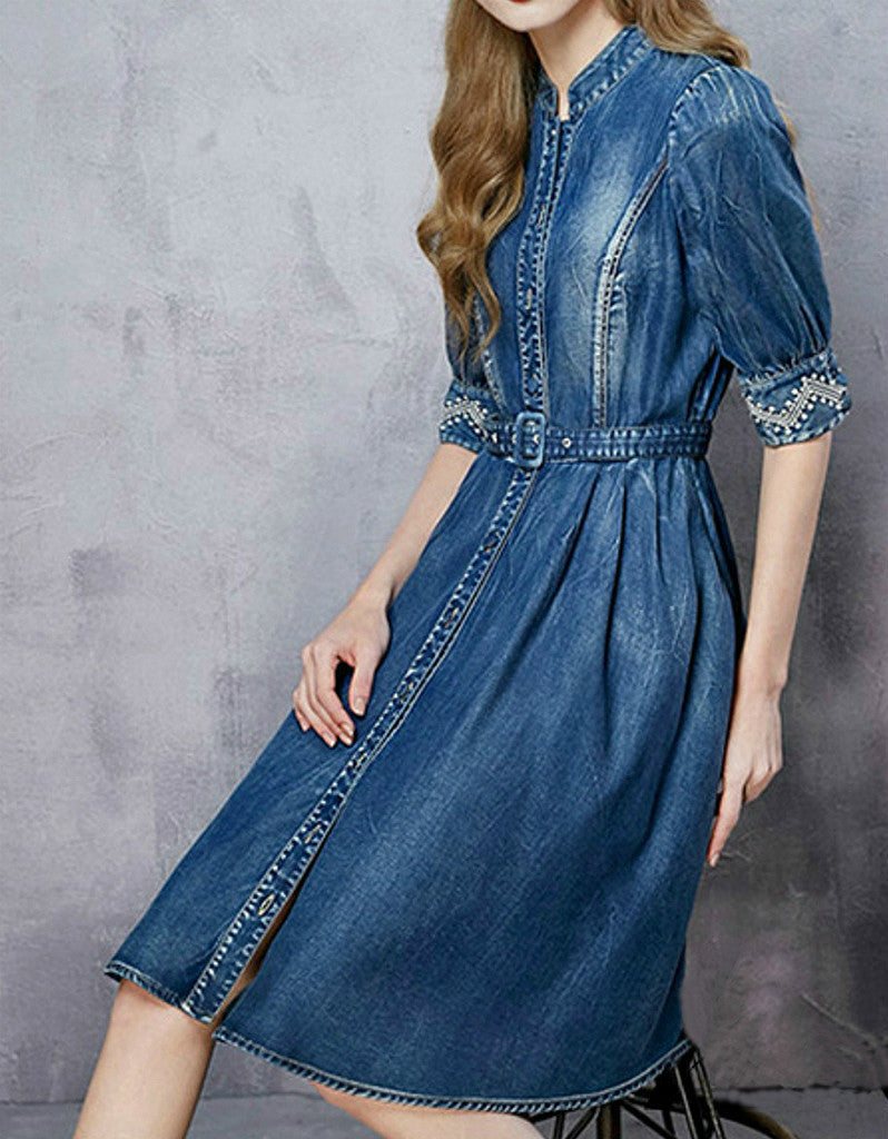 Mid-length embroidered sleeve short denim dress – Sofiq