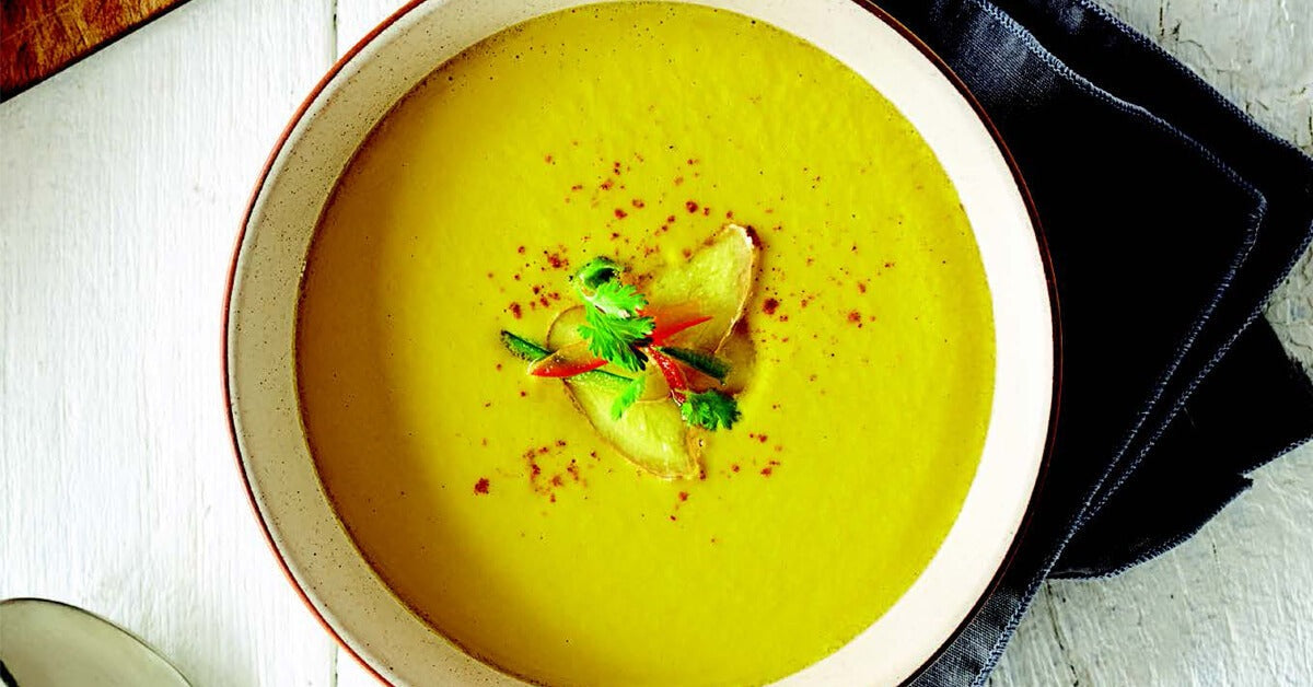Thai ginger yellow soup in bowl on table, thai ginger soup blender recipe,  quick easy blender recipes