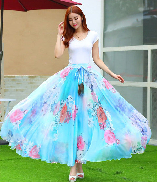 Hot Elegant Fancy Flower Print Skirt Long Women Fashion Peacock Feathe ...