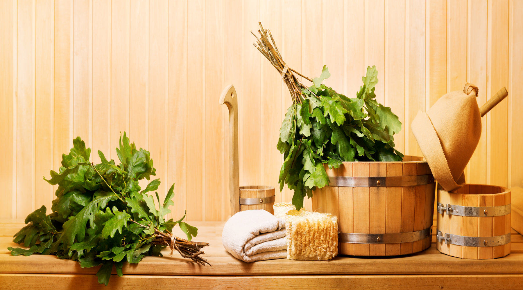 Sauna with leaves