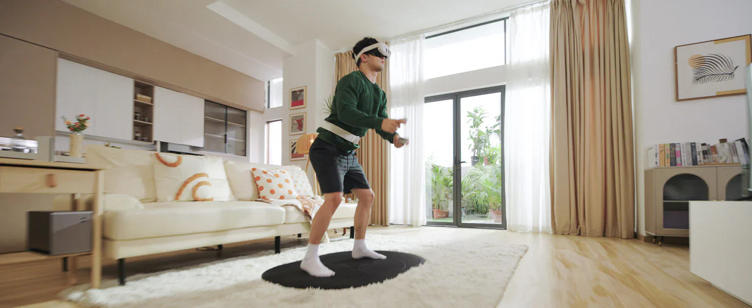 a man playing a VR game while wearing meta quest 3 headset and meta quest 3 battery pack