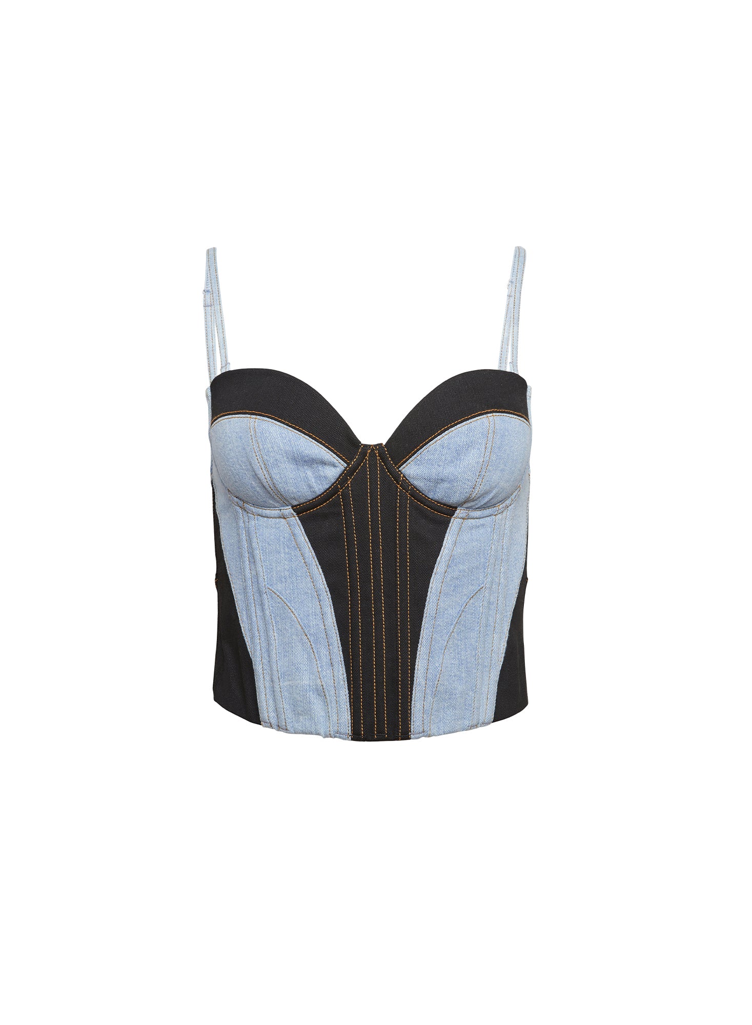 Shop Fleur Du Mal Two Tone Denim Bustier In Black And Lightwash Denim