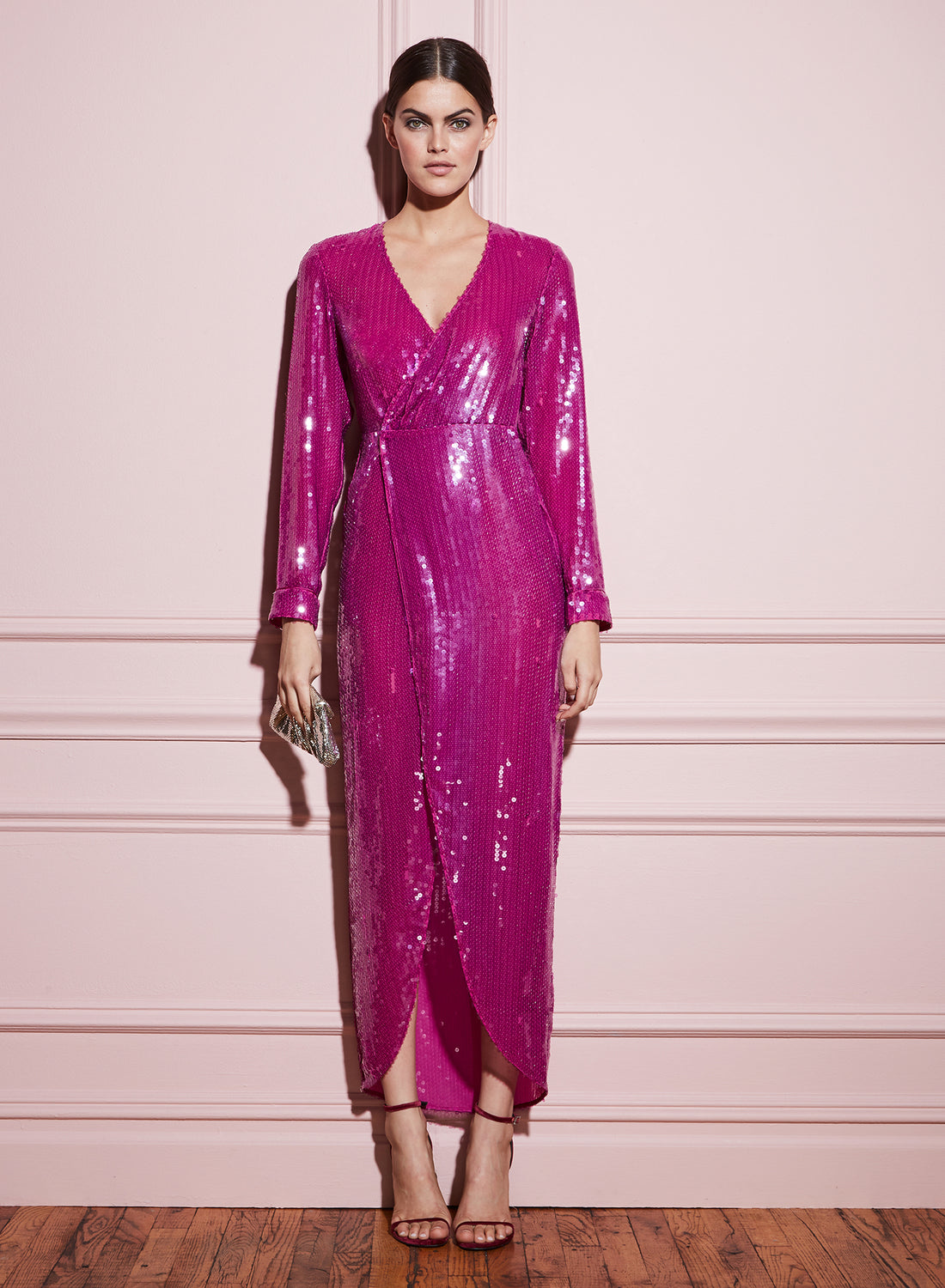 purple sequin wrap dress