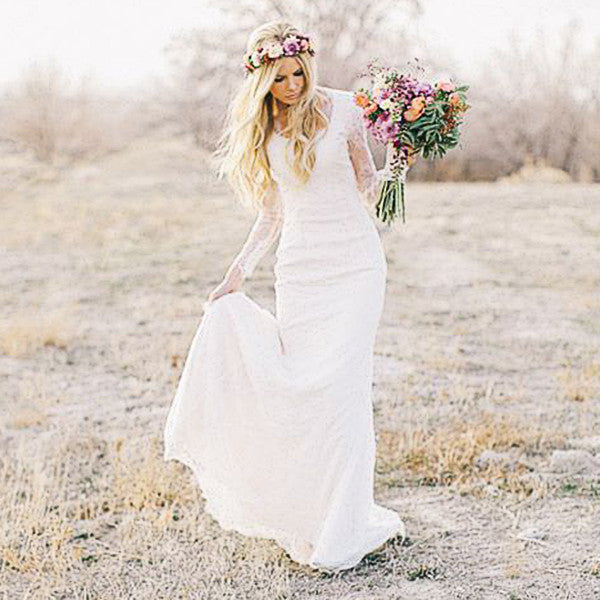  Lace  Long Sleeves Bohemian  Wedding  Dress  Beach Wedding  