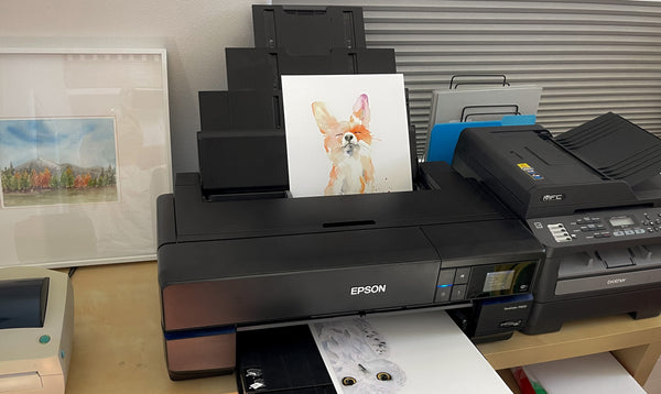 Epson SureColor P800 printer, HP Laserjet printer, Label printer.