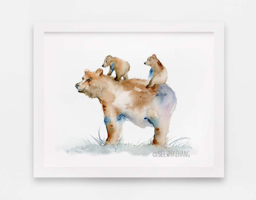 Grizzly Bear Father And Cubs Watercolor Art Print Easy Sunday Club
