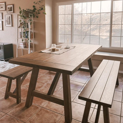 solid wood dining table with spring decor 