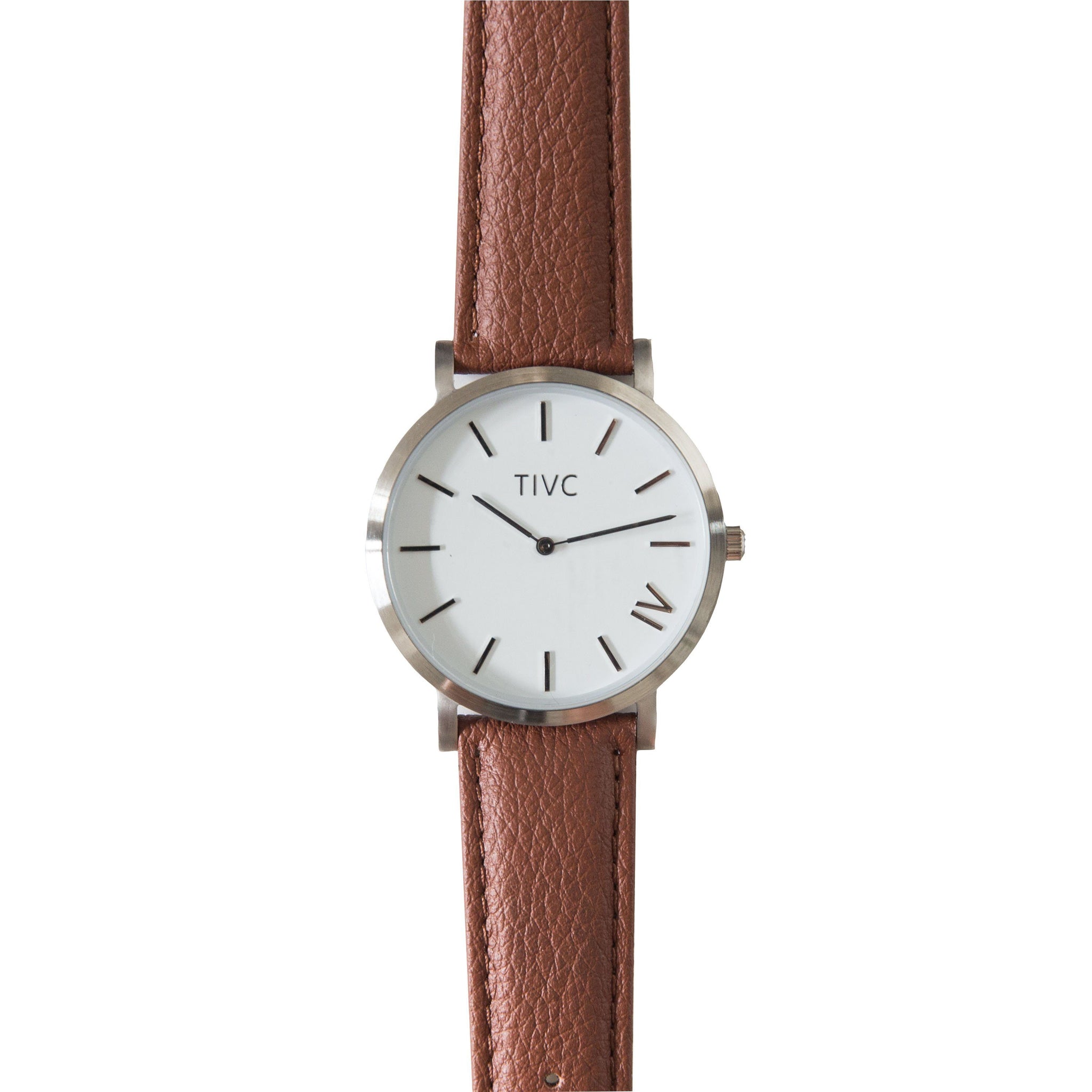 Silver Vegan Watch and Tan Stitched Vegan Leather Band - Time IV Change