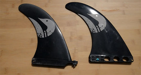 Screw and plate (left) and quick release (right) fin setups
