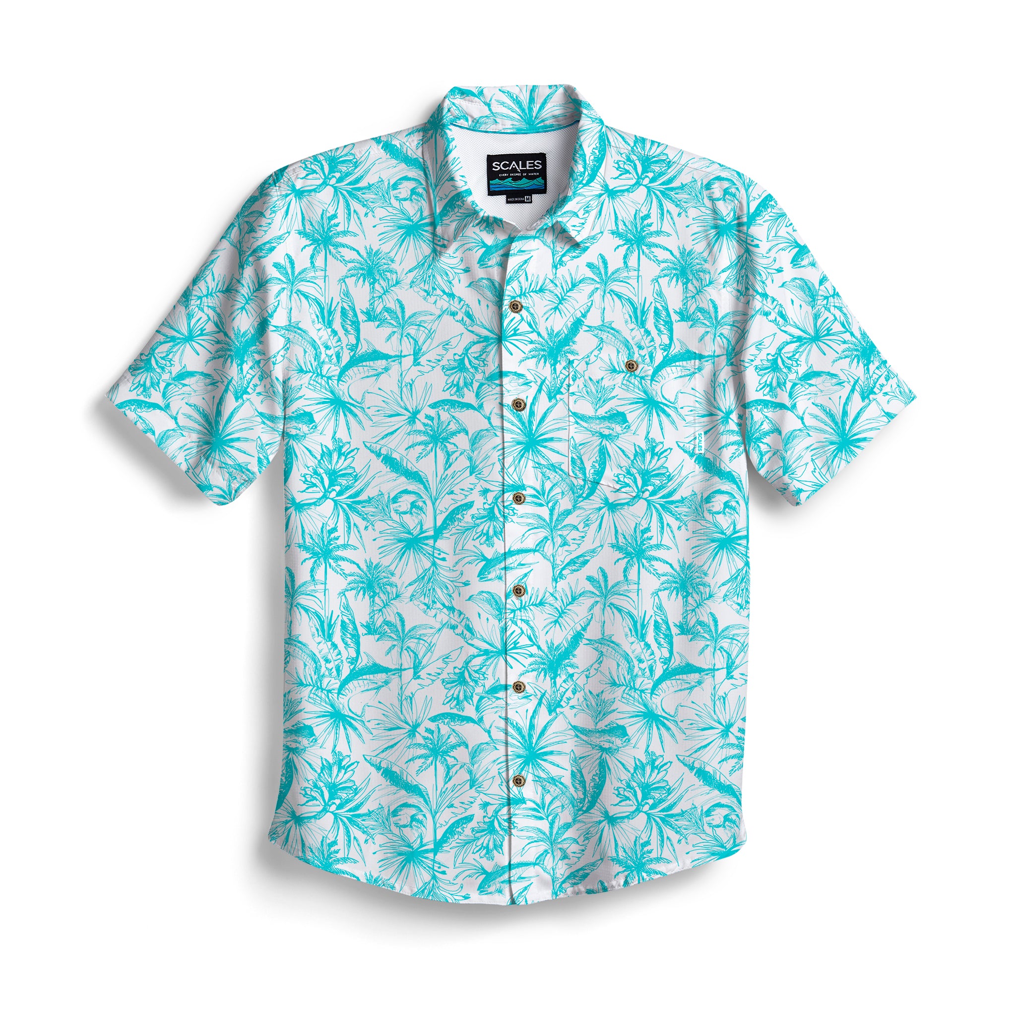 Scales Loose Lines Button Down in White / Aqua Size 2XL