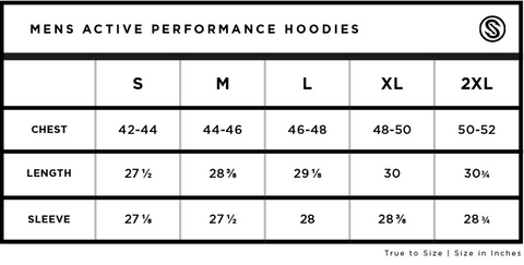 Mens Active Performanc Hooded Size Chart