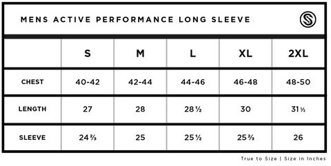 Mens Active Performance Long Sleeve Size Chart