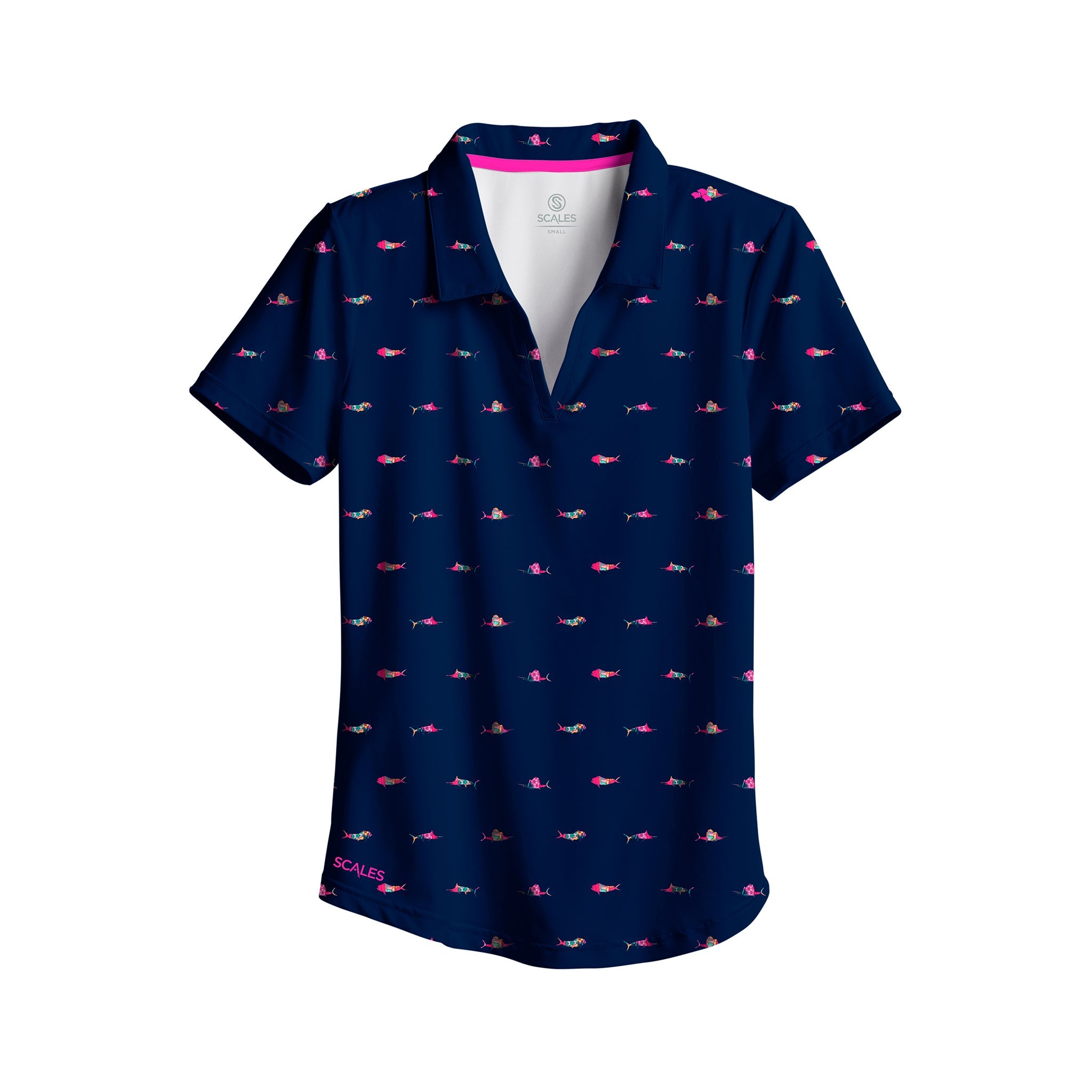 Scales Trippy Fish Womens Polo in Navy Size M