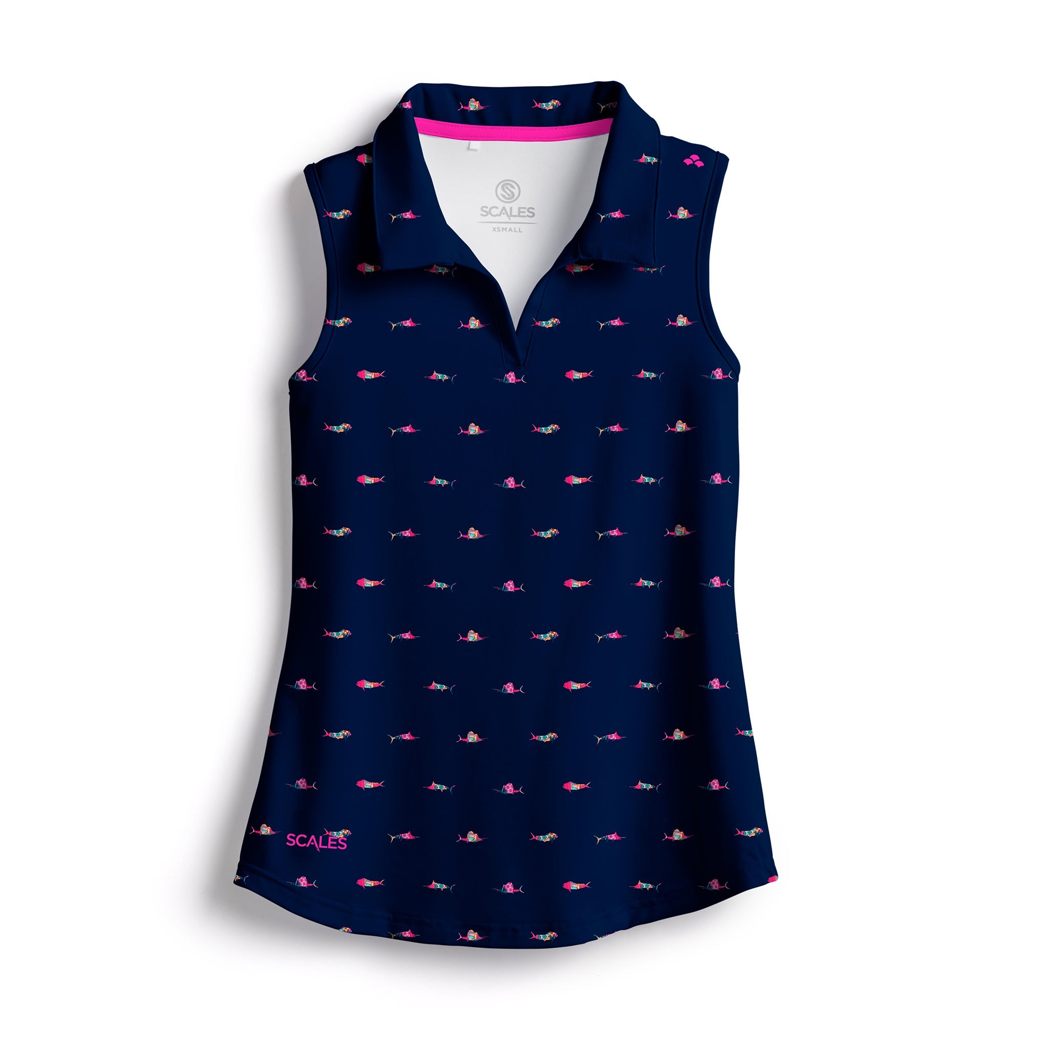 Scales Trippy Fish Womens Sleeveless Polo in Navy Size XL