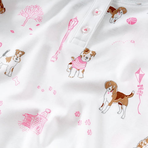 White Cotton Pyjama with Little Puppies in Pink Walking in the Park Print