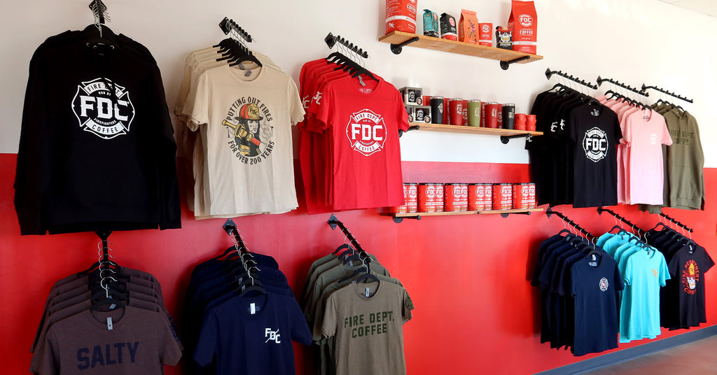 Coffee and gear for sale at FDC's storefront location.