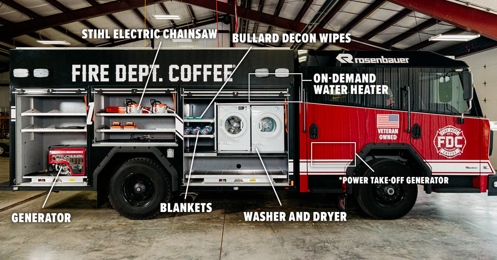 Fire truck stocked with coffee and other essentials.