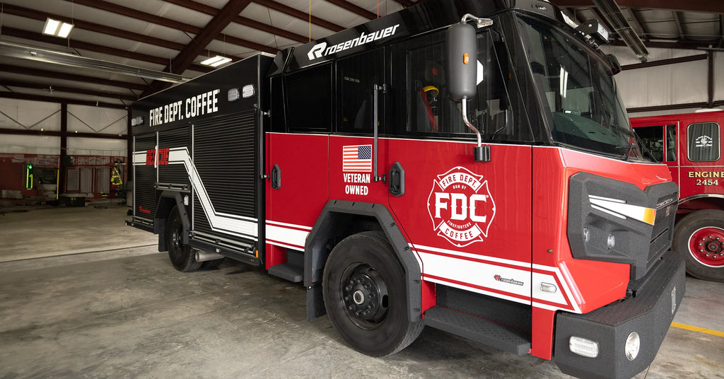 Fire Department Coffee's Rosenbauer fire truck is ready to deploy to disaster areas.