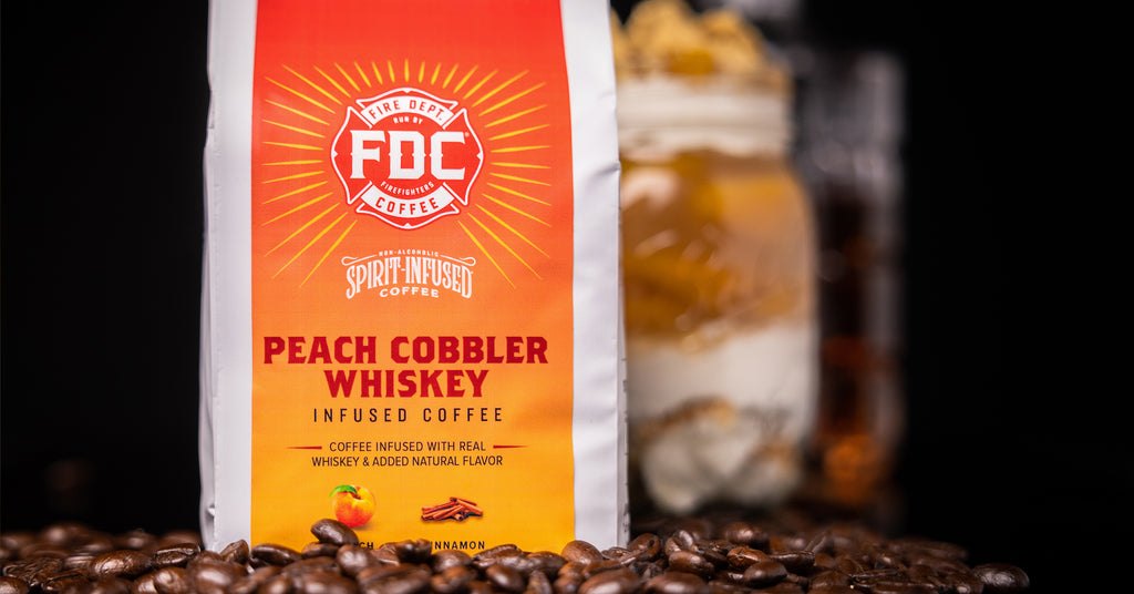 Coffee bag of Peach Cobbler Whiskey Infused Coffee.