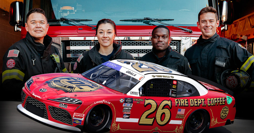 Group of fire fighters and first responders featured along with FDC's throwback NASCAR paint scheme.