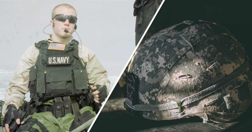 Luke Schneider in the U.S. navy and a camouflage military helmet.