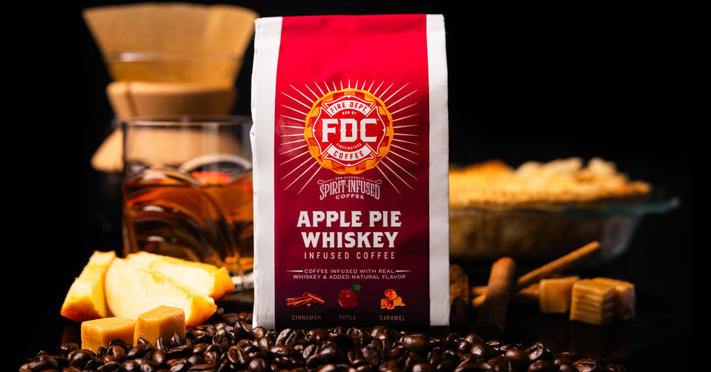 November's Spirit Infused Coffee is Apple Pie Whiskey - featured in a vibrant red coffee bag.