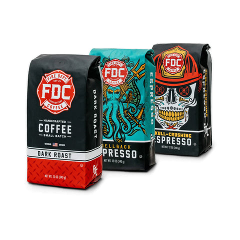 Bundle deal featuring three bags of ground coffee: Dark Roast Coffee, Shellback Espresso, and Skull Crushing Espresso.
