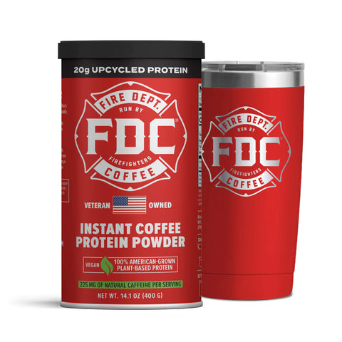 Instant Coffe Protein Powder in a red can and a red tumbler bundle deal.