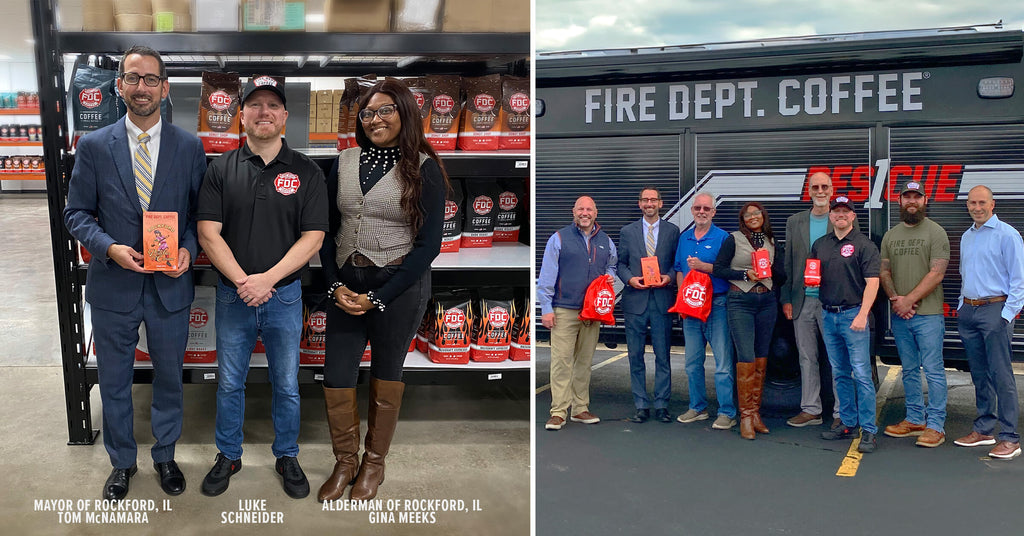 The Mayor of Rockford paid a visit to the Fire Department Coffee facility to celebrate the release of the Rock Peaches and Cream Coffee.