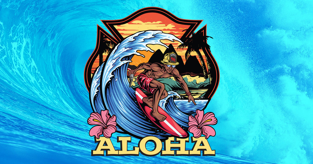 Logo created by Fire Department Coffee which will be leveraged to support firefighters in Maui Hawaii. It features the text "Aloha" with a firefighter riding a wave.