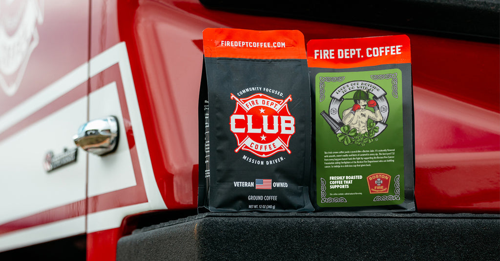 Coffee bags on the front bumper of a firetruck.