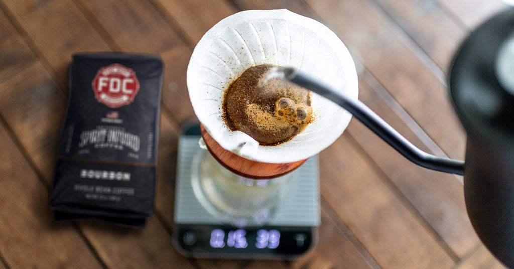 Brewing Bourbon Infused Coffee in a Chemex coffee carafe.