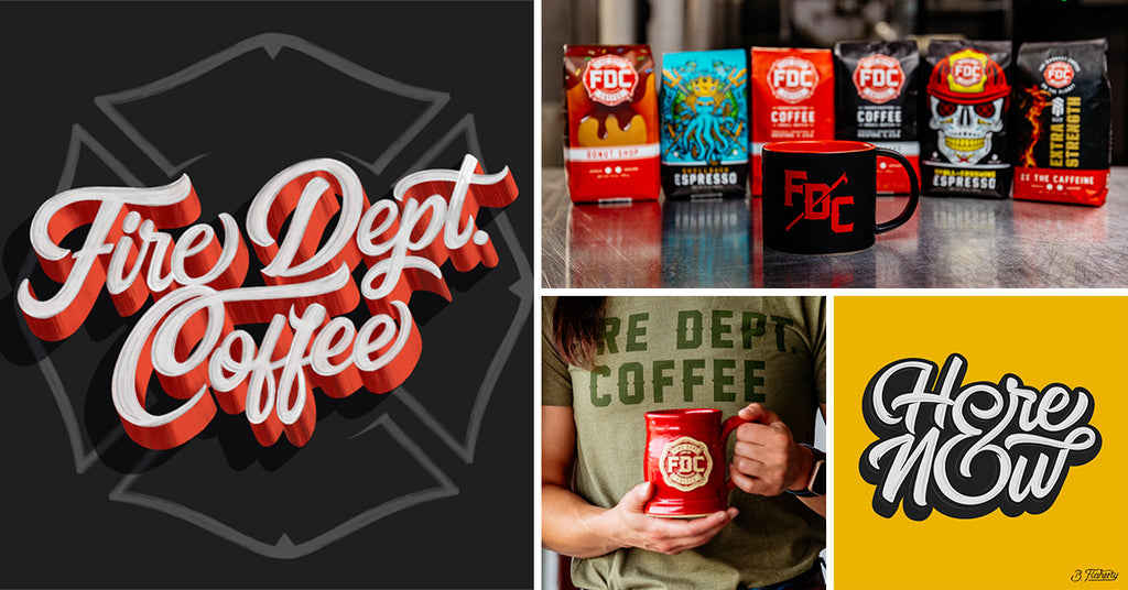 A collage of images depicting Brad Flaherty's personal and professional artwork. Hand lettering script, the Fire Department Coffee logo on a coffee mug and coffee bag packaging images shown.