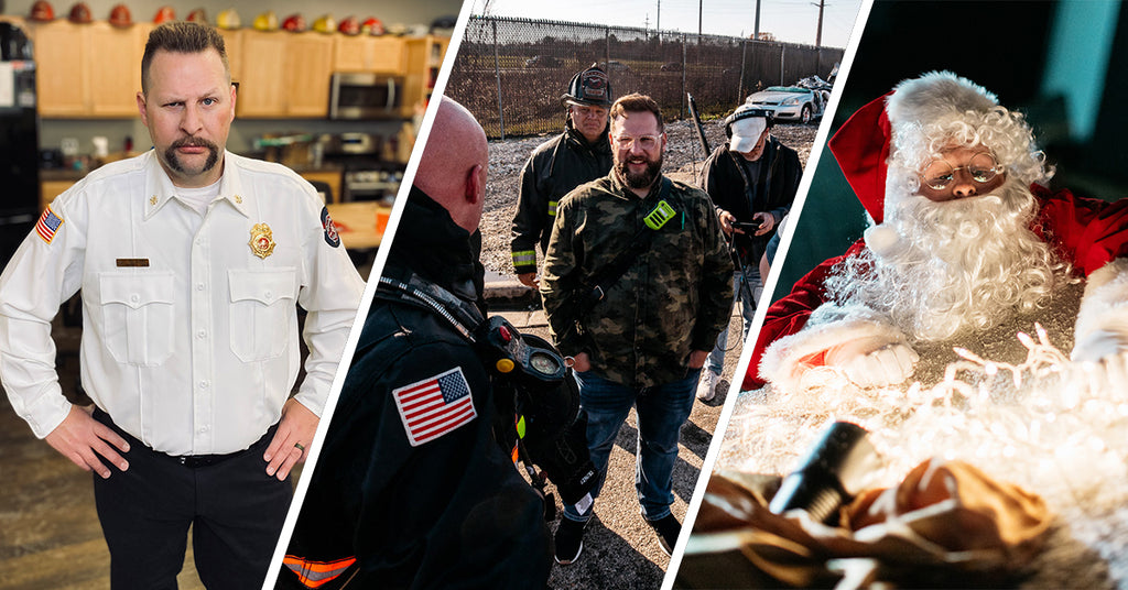 A collage of three images depicting Brad Flaherty as a Fire Chief, Santa Clause and assistant director of a video shoot.