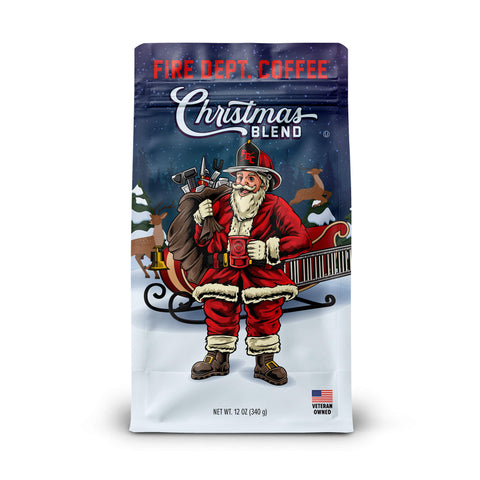 Bag of Christmas Blend Coffee from Fire Department Coffee featuring a picture of Santa Clause.