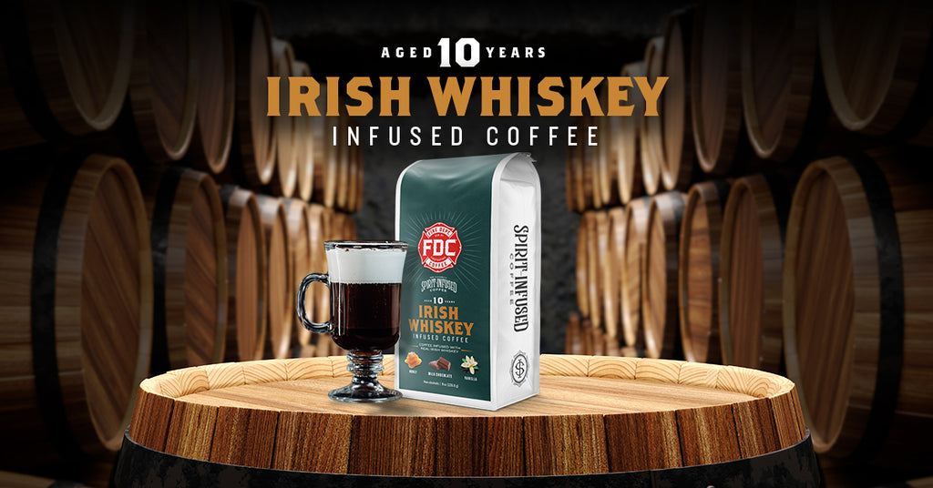 Image of a room filled with whiskey barrels. A bag of 10 Year Old Irish Whiskey Infused Coffee sits on top of a barrel. The coffee bag is paired with an image of an clear mug filled with Irish coffee.
