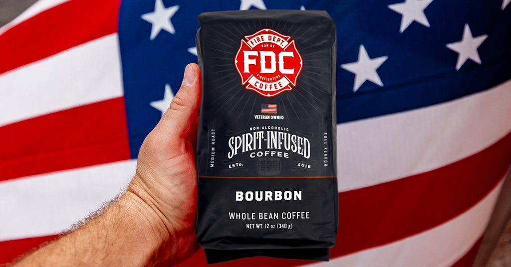 Images of a bag of Bourbon Infused Coffee in front of an American flag.