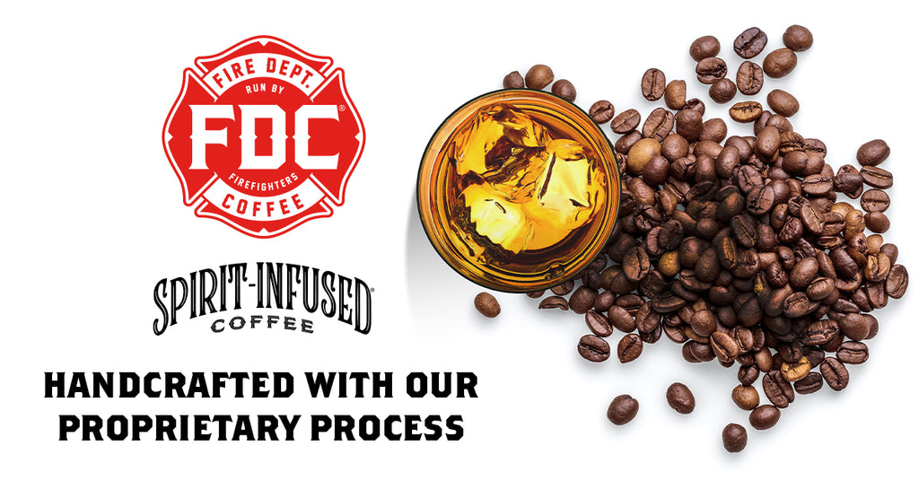 Fire Dept. Coffee and Spirit Infused logos with image of coffee beans and a tumbler filled with bourbon.