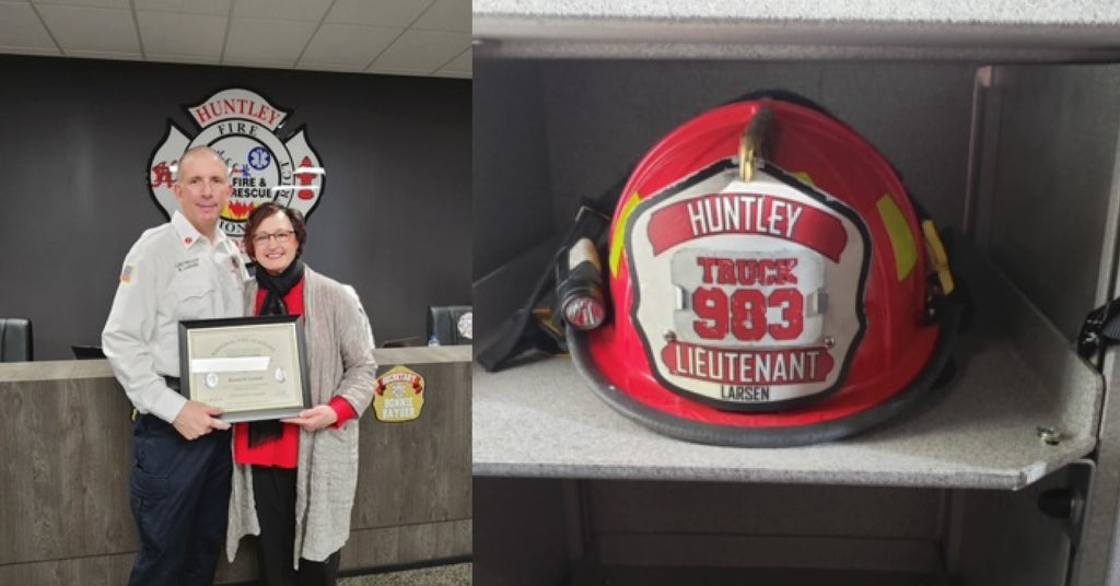 Firefighter Larsen pictured with an award and a picture of his helmet to the left.