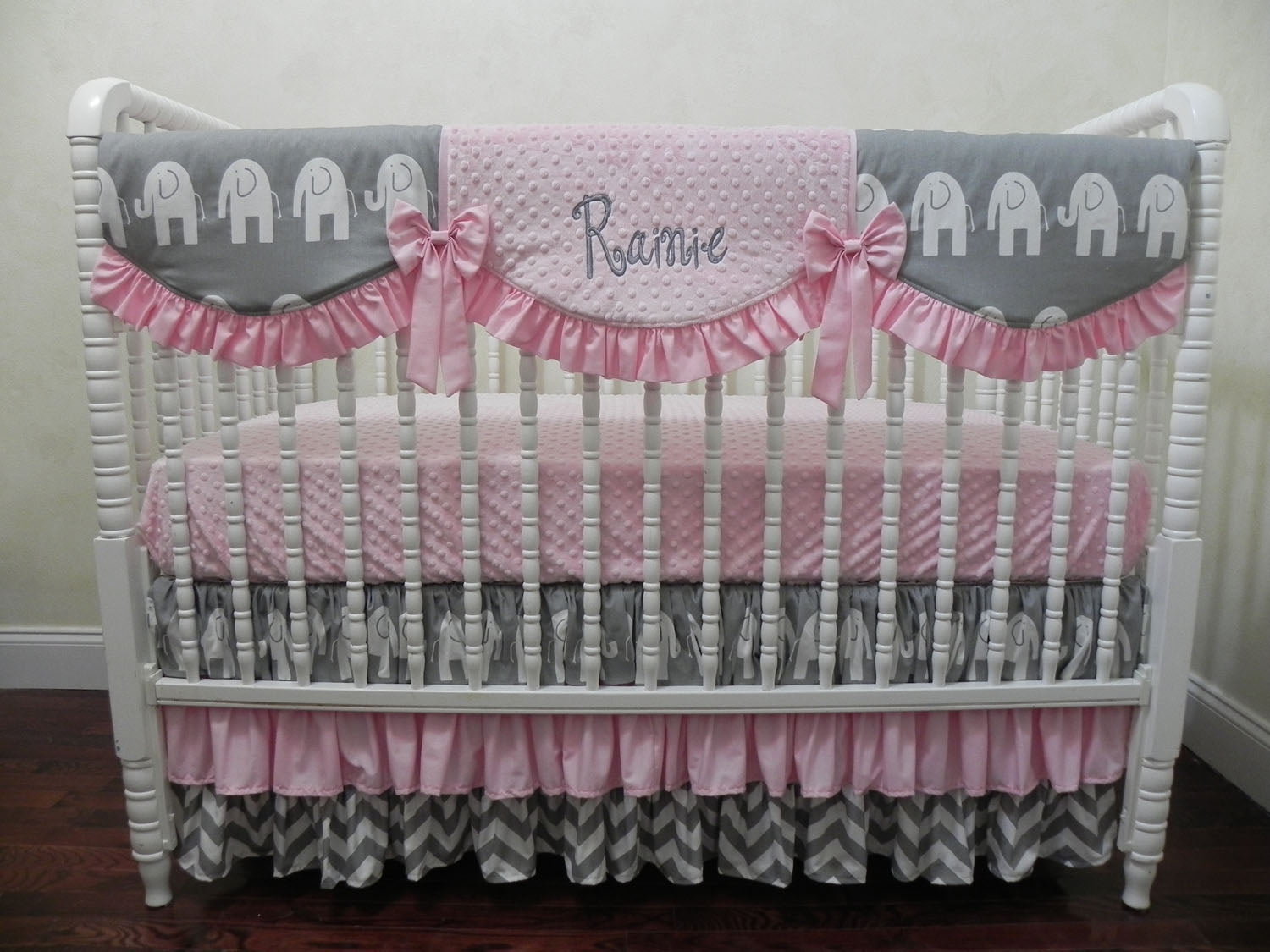 pink and grey elephant crib set