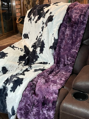 Minky Adult Blanket, Black and White Cow and Purple Luxe Minky, Teen Blanket, Dorm Blanket