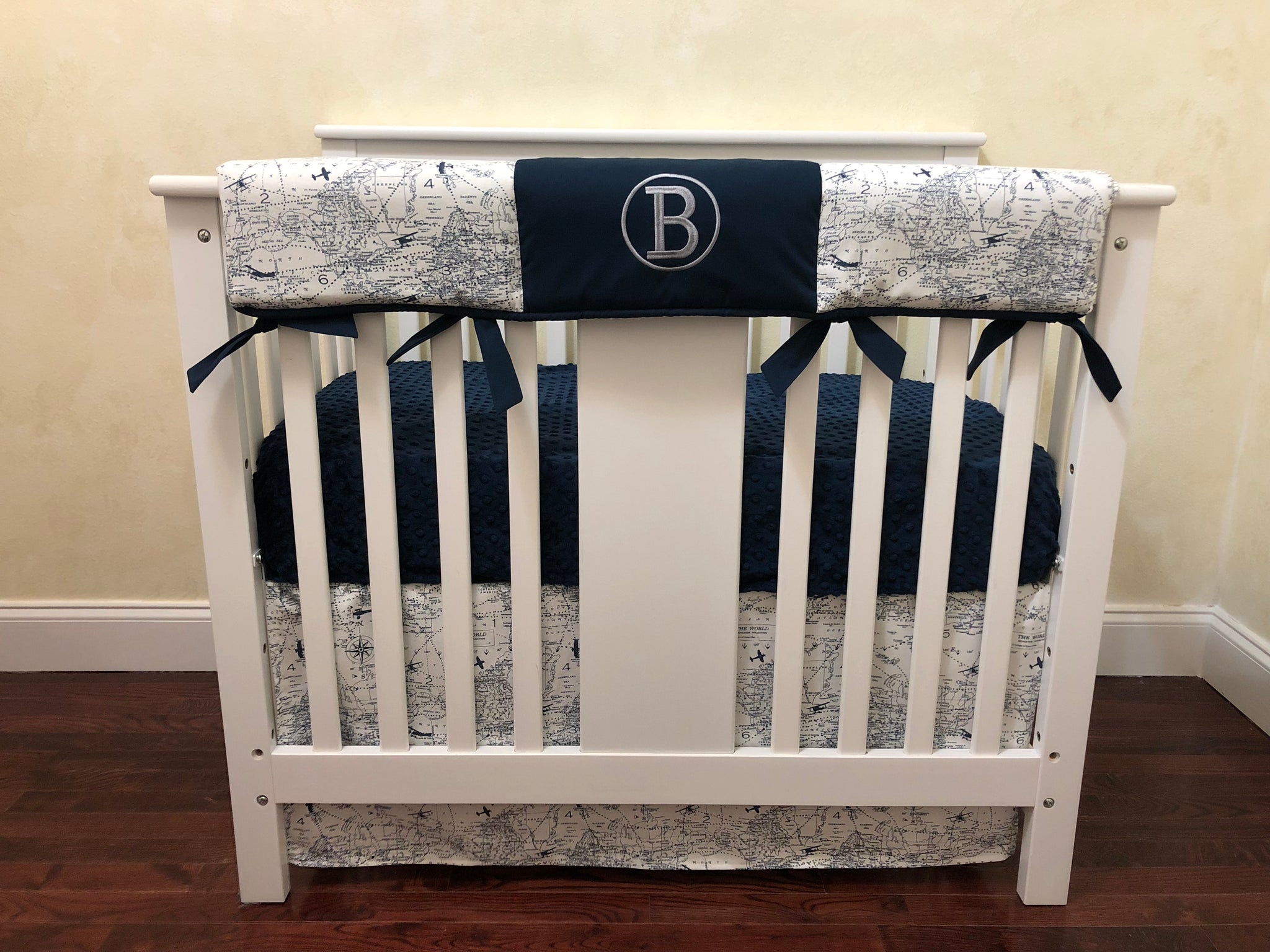 navy blue and white crib bedding