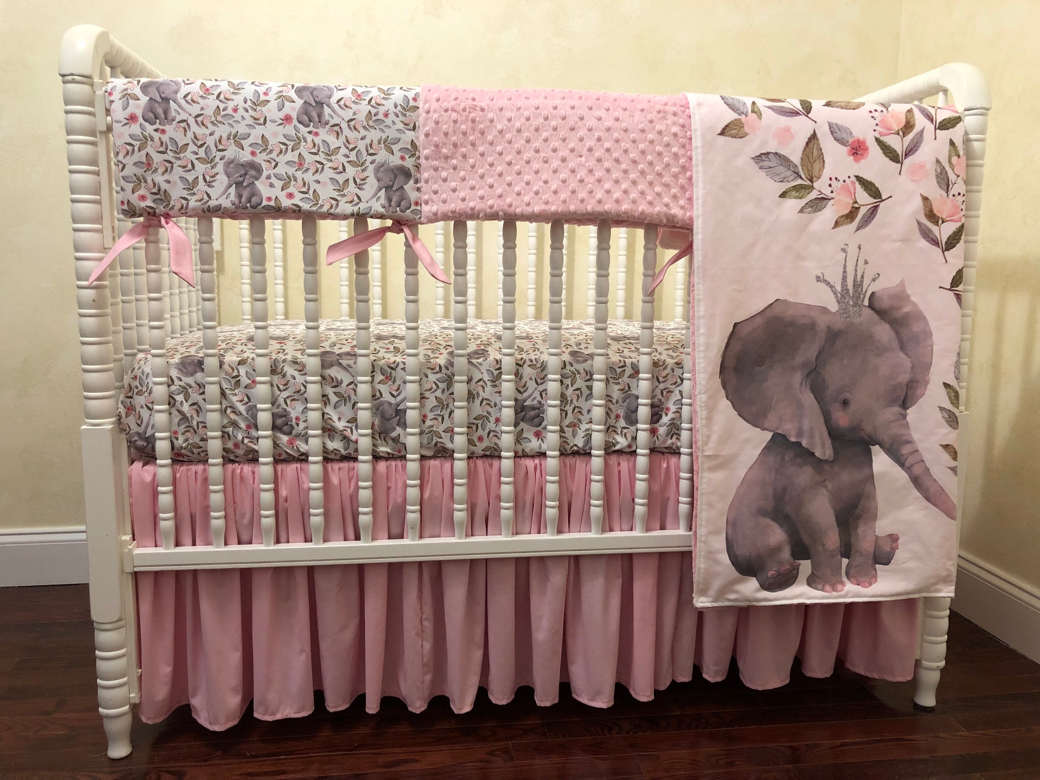 purple and grey elephant crib bedding
