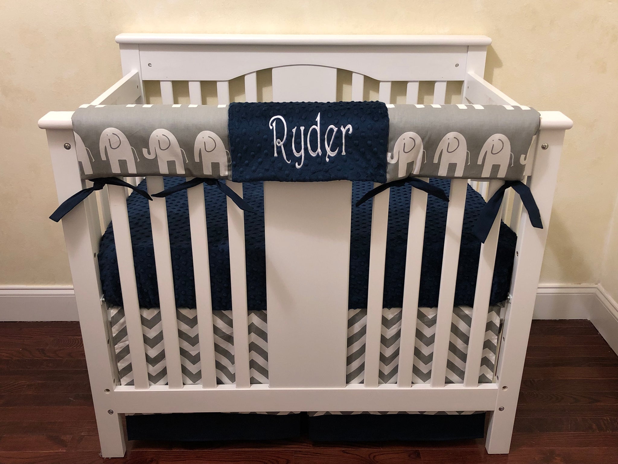 navy blue elephant crib bedding