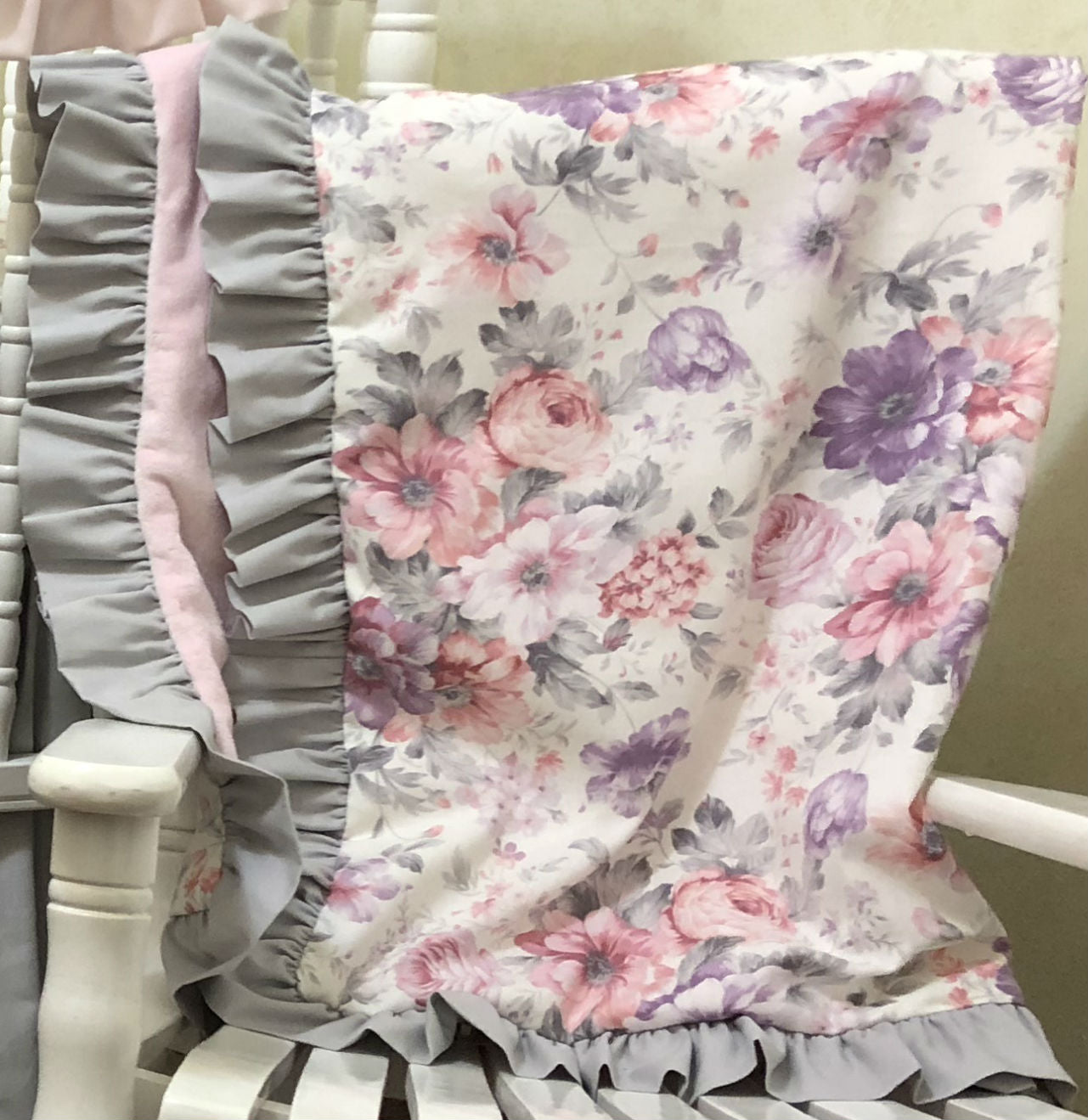 purple and gray crib bedding