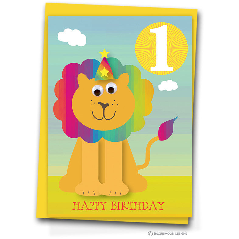Rainbow Lion 1st Birthday Card Biscuitmoon Designs