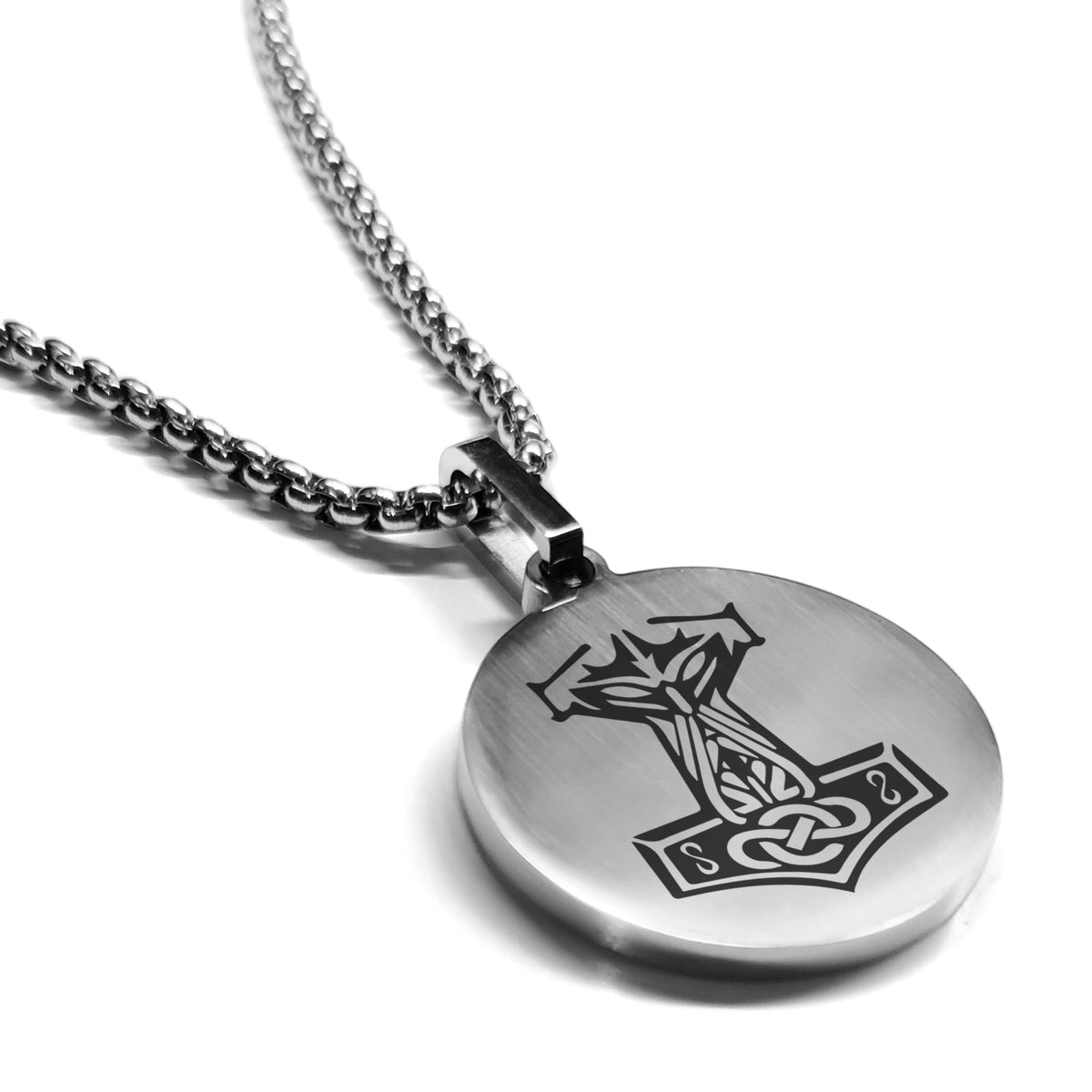 Stainless Steel Viking Mjolnir (Thor's Hammer) Round Medallion Pendant  Necklace