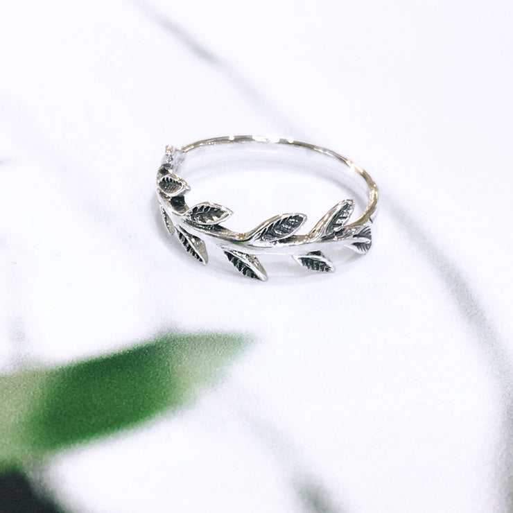 Adjustable Sterling Silver Crystal Fern Leaf Ring