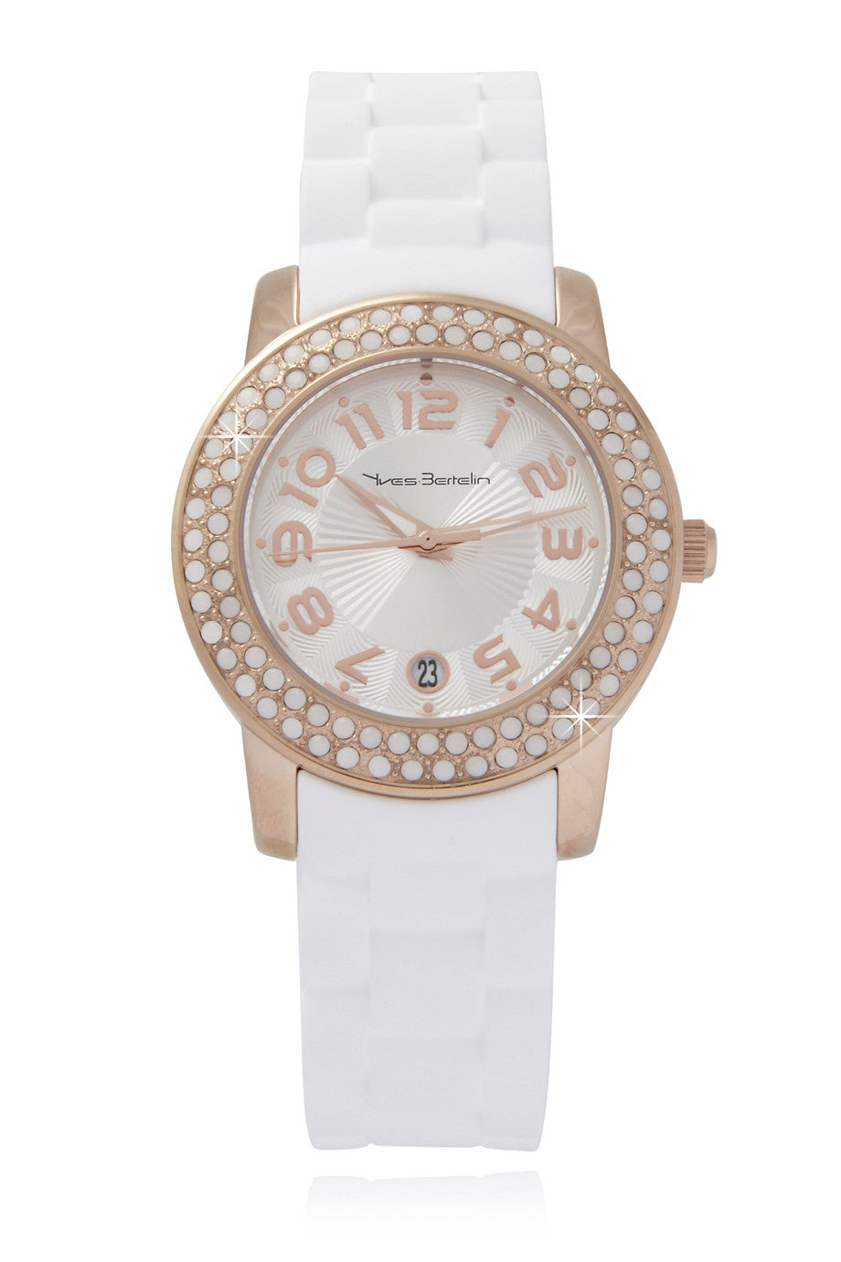 YVES BERTELIN DATE Rose Gold White Crystal Watch – Pret-A-Beaute