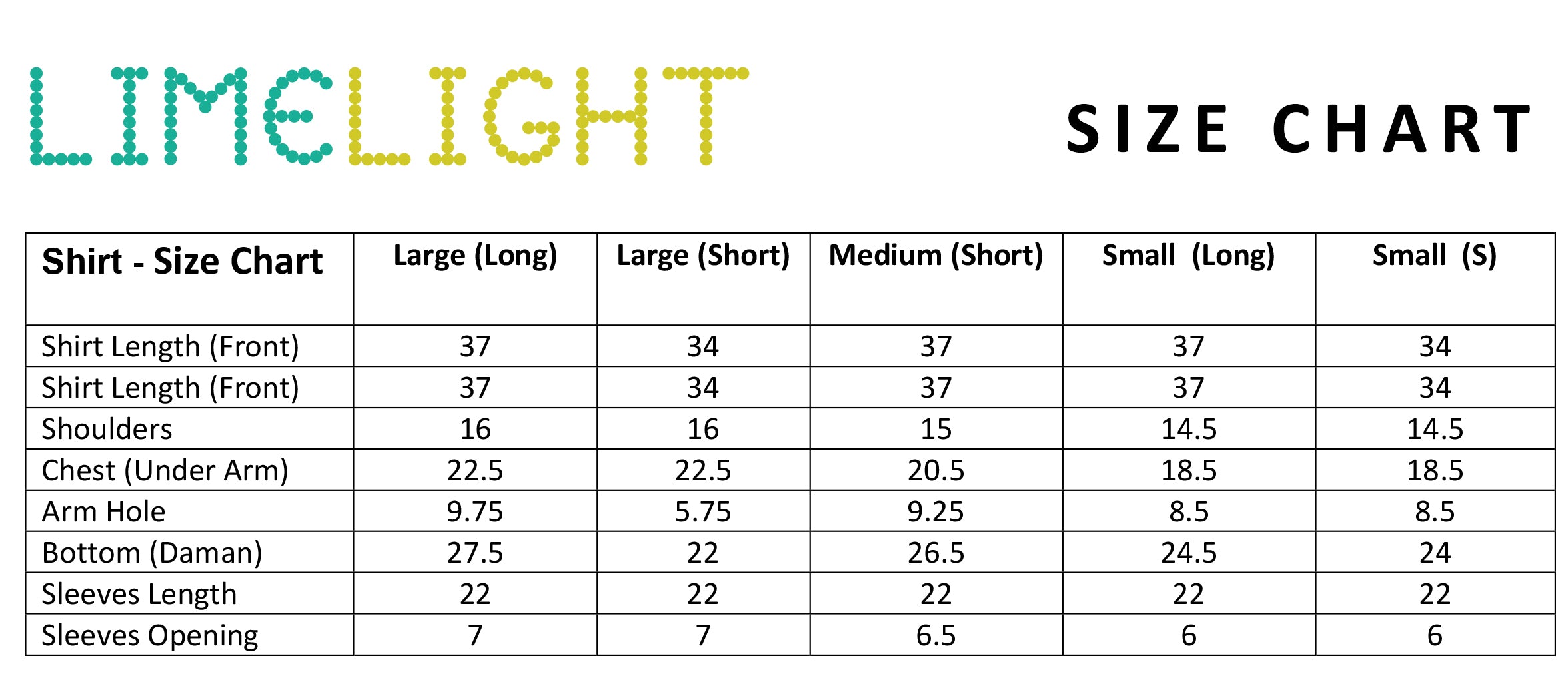 Limelight Size Chart